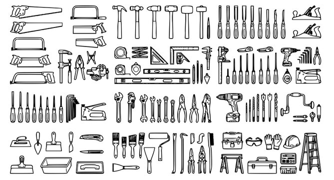 Hand tools collection sketch hammers saws wrenches screwdrivers pliers and more black and white