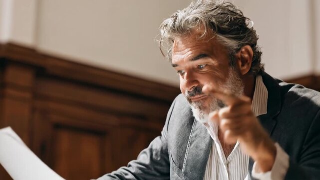 Experienced lawyer passionately arguing a case in a courtroom setting. A distinguished man in a suit gestures emphatically while presenting documents during a trial