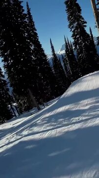 Vertical video: Pushing off from pause skier in helmet skiing on red skis down run, avoiding skiers
