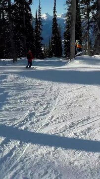Vertical video: Camera panning downhill red-jacketed rider carving groomed run to avoid tree trunks