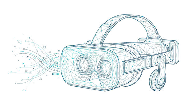 Virtual reality VR headset wireframe vector illustration with geometric lines particle network and minimal tech outline design