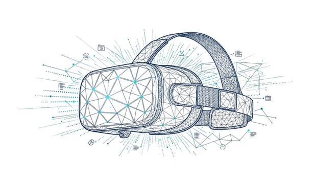 Futuristic VR headset wireframe vector illustration with polygon geometry particle network and minimal tech concept