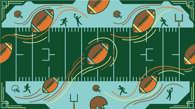 Seamless American football field pattern featuring rugby balls, goal posts, yard lines, and sports icons on a green field background.