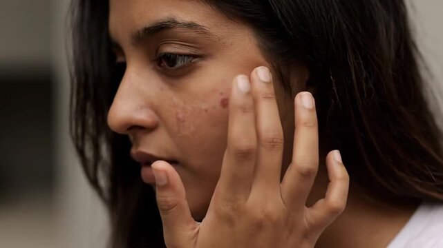 Close up of young woman touching acne pimple on her cheek, skin problem and dermatology concept.