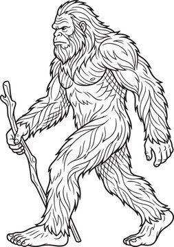 Detailed black and white line art illustration of the legendary bigfoot creature walking while holding a wooden hiking stick