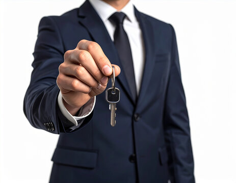 hombre con traje azul con una llave en la mano, concepto de entrega, acceso, propiedad, alquiler, compraventa, seguridad, inversi&oacute;n, acuerdos y &eacute;xito