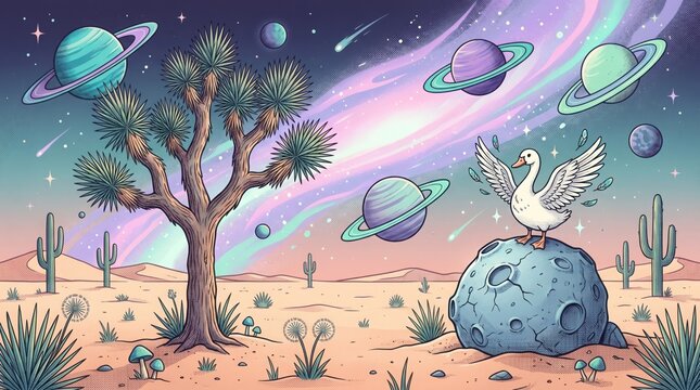 A white goose standing on a rock in a desert with planets and stars in the sky