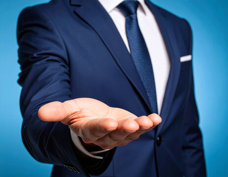 T&iacute;tulo: hombre de negocios con traje azul con la mano abierta en gesto de bienvenida, ayuda, acuerdo comercial, confianza, colaboraci&oacute;n, oportunidad, apoyo, invitaci&oacute;n, cercan&iacute;a y atenci&oacute;n profesional