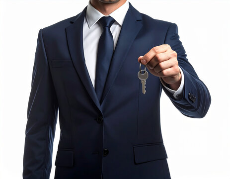 hombre con traje azul con una llave en la mano, concepto de entrega, acceso, propiedad, alquiler, compraventa, seguridad, inversi&oacute;n, acuerdos y &eacute;xito