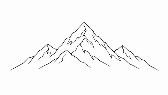 Minimalist mountain range line art, hand drawn rocky peak vector illustration, simple black and white mountain silhouette for logo design