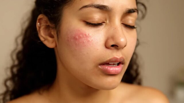 Close Up of Young Woman Face with Severe Acne Breakout and Skin Inflammation on Cheek