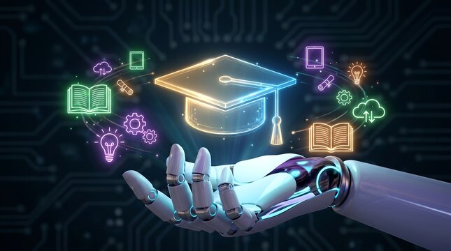 Robotic hand holding glowing graduation cap with educational icons representing artificial intelligence advancing modern digital learning and online academic knowledge systems