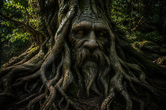 Ancient Tree Face with Roots in Mystical Forest