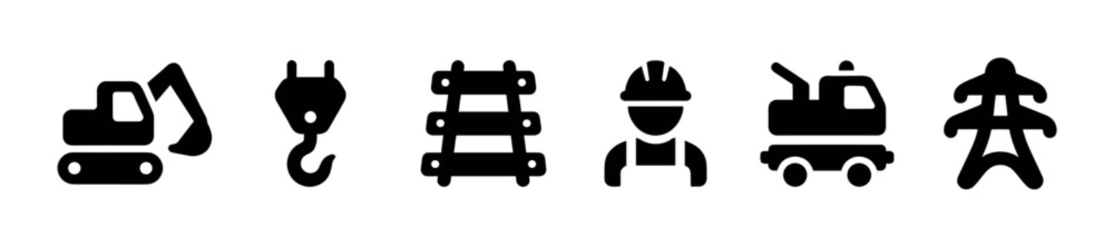 Collection of six black construction and industry related icons, including an excavator, hook, ladder, worker, tow truck, and power line tower, isolated on a white background
