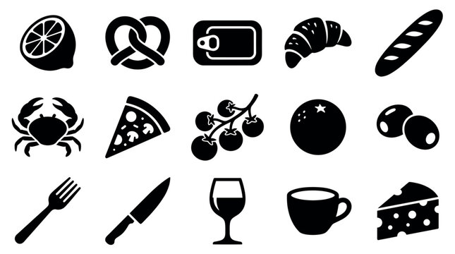 Collection of black silhouette food and kitchen utensil icons arranged neatly on a clean white background