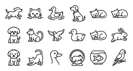 Fototapeta premium Diverse collection of simple black outline pet icons on a clean white background, featuring various animals in different poses
