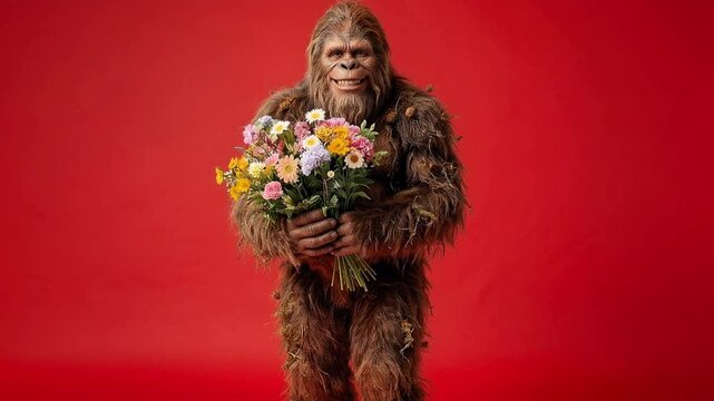Bigfoot holding a vibrant bouquet of flowers against a solid red background. A hairy, mythical creature, resembling Bigfoot, stands holding a colorful assortment of fresh flowers