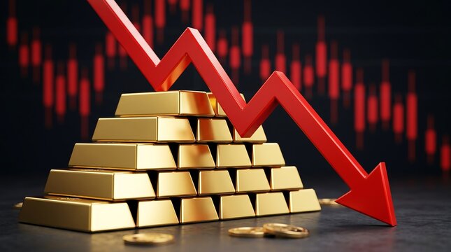 Financial crisis warning: gold market decline with red arrow and bullion, illustrating investment risk, economic recession for business reports and finance.