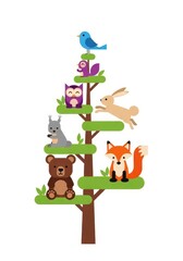 Fototapeta premium Cute Forest Animals Illustration on a Stylized Tree with Bear, Fox, Rabbit, Owl, and Squirrel in Flat Design Style