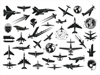 Diverse aircraft silhouette collection fighter jets airliners prop planes and aviation elements © MDOMOR