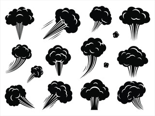 Explosion cloud set black smoke plumes and blast effects silhouette collection © MDOMOR