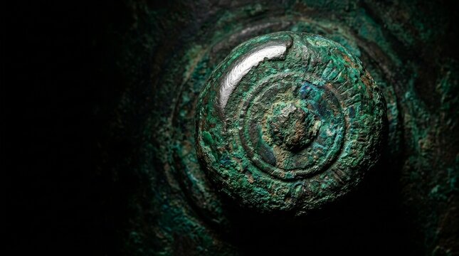 Close-up of ancient Chinese bronze artifact with mottled green patina and intricate metal casting texture