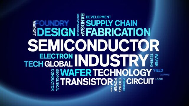 Semiconductor industry animated word cloud-gross domestic product animation tag kinetic typography seamless loop.