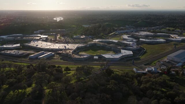 Aerial Drone View of Folsom State Prison in Northern California - Panning Left - 4K