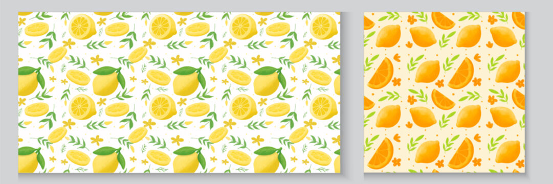 Hand drawn watercolor lemon. set of seamless pattern of fresh yellow lemons with green. Floral trellis citrus set bg, background. Lemon with leaves, lemon slice,