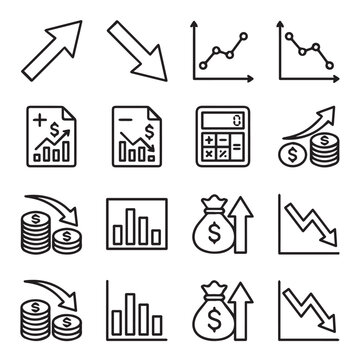 Financial icons showing upward and downward trends with charts and calculator on white background