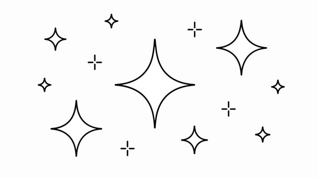 Sparkle star icons set, black line art twinkling stars on white background, minimalist magic glitter vector elements for decorative design