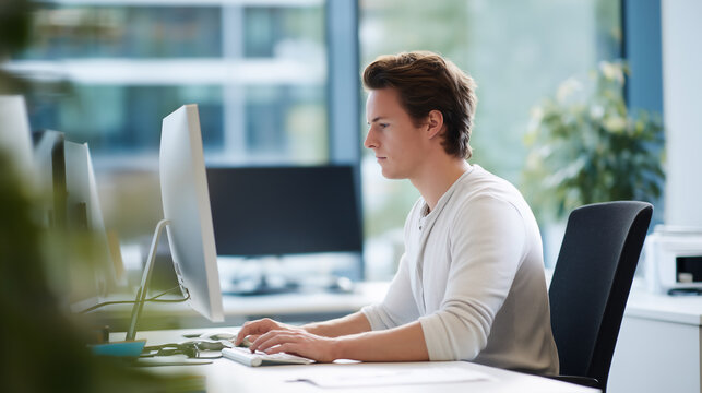 Side view of young man in white shirt focused on typing on desktop computer in bright office