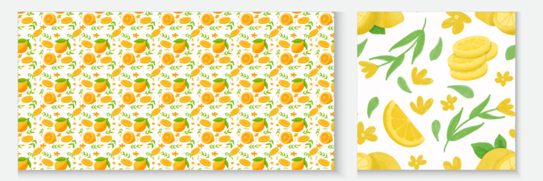 Hand drawn watercolor lemon. set of seamless pattern of fresh yellow lemons with green. Floral trellis citrus set bg, background. Lemon with leaves, lemon slice,
