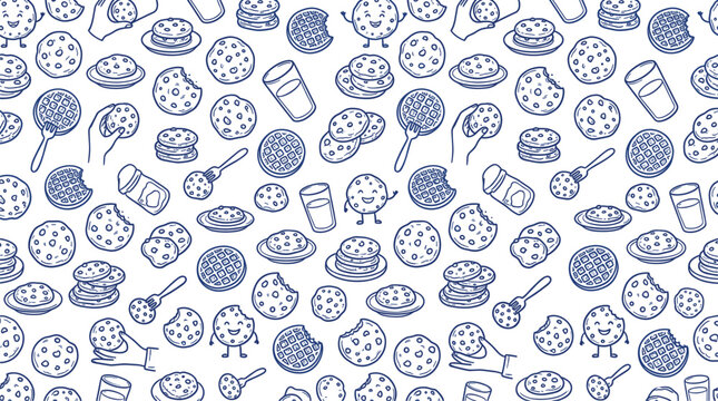 Hand-drawn blue outline cookies, waffles, and milk glasses create a playful, seamless pattern on a clean white background