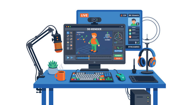 3d digital artist workspace featuring computer monitor with modeling software streaming live content on a modern desk