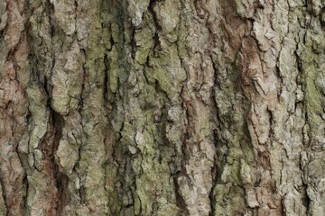 Fototapeta premium Tree Bark Close Up with Vertical Ridges Brown Gray Green Moss Lichen Organic Texture