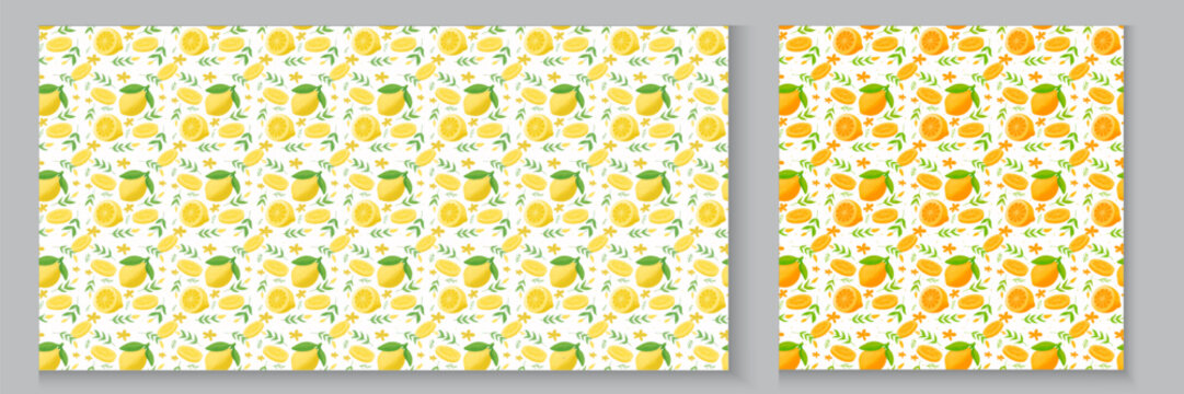 Hand drawn watercolor lemon. set of seamless pattern of fresh yellow lemons with green. Floral trellis citrus set bg, background. Lemon with leaves, lemon slice,