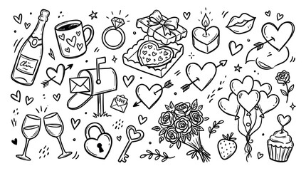Fototapeta premium Collection of hand-drawn Valentine's Day themed doodles including hearts, champagne, gifts, and flowers on a white background