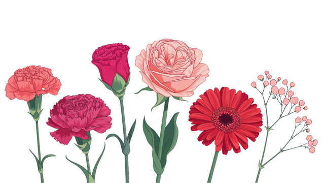 Beautiful bunch of red and pink carnation flowers with green stems in a simple pixel art style Vector