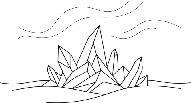 Minimalist line art drawing of sharp geometric crystal formations with flowing wind lines on a clean white isolated background