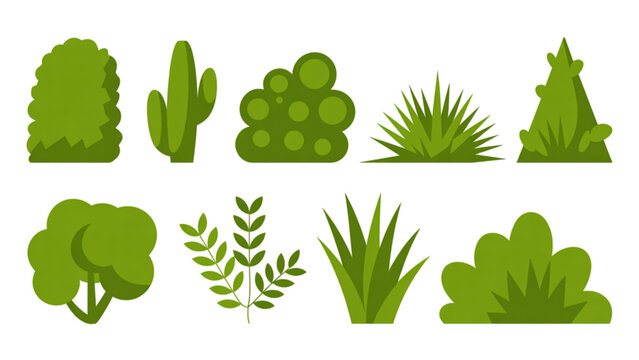 Set of pixel art bushes and green grass plants for game design Vector