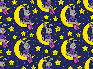 Fototapeta premium Cute Bunny on Crescent Moon Seamless Pattern with Winking Stars in Dark Night Sky for Kids Nursery Wallpaper and Textile Design