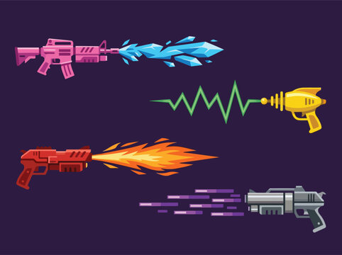 Futuristic scifi weapon vector set with energy blasters firing ice fire electricity and plasma beams for game design