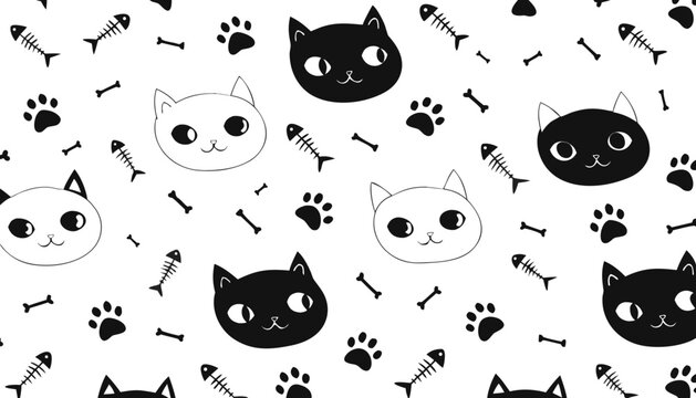 Cute cat head pattern vector illustration with fish bones and paw prints seamless footprint