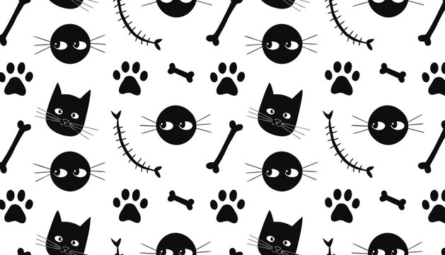 Simple minimalist cat and fish bone repeating pattern with seamless footprint skeleton minimalist