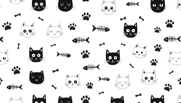 Hand drawn cat face seamless pattern background with seamless footprint skeleton minimalist