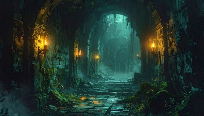 Fototapeta premium Ancient Stone Dungeon Corridor with Torch Flames Casting Flickering Shadows on Wet Walls
