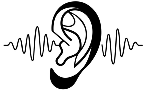 Hearing loss and sound wave frequency icon with ear canal listening device hearing test frequency auditory listening communication silhouette clinical