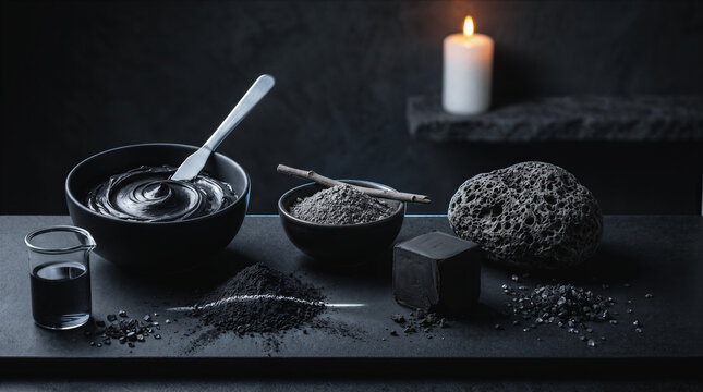 Ingredients for making a detox mud mask with activated charcoal, a dark dusty matte background, and the concept of health and men's detox masks for body and face.