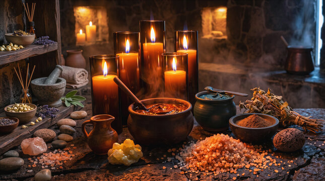 Concept for preparing healing ointments and mud masks, Dead Sea salt, mineral oils, and clay on a table in a spa studio, a concept for a healthy lifestyle and women's health